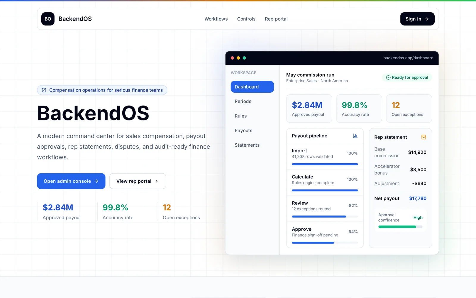 BackendOS landing with an embedded commission-run dashboard: approved payout, accuracy rate, payout pipeline, and rep statement