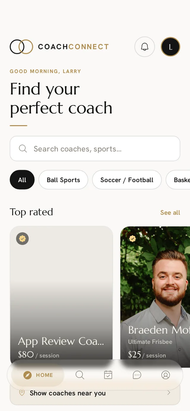 CoachConnect home: find your perfect coach, with sport filters and top-rated coach cards