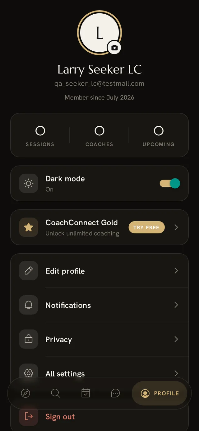 CoachConnect profile in dark mode with the CoachConnect Gold membership