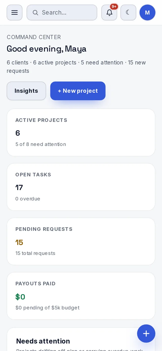Alfcode Portal on mobile: command center with project and task stats