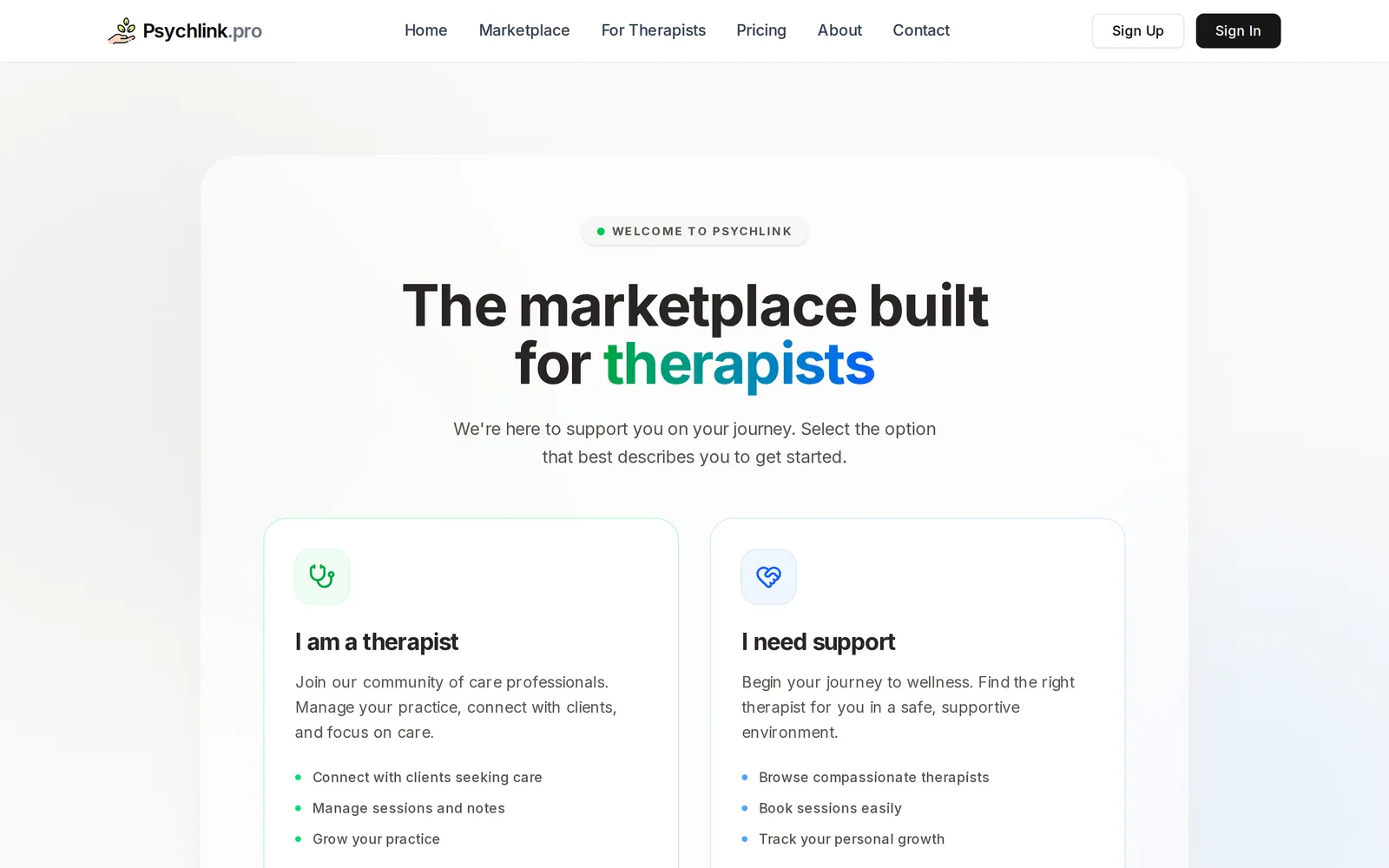PsychLink landing: the marketplace built for therapists, with paths for therapists and clients seeking support