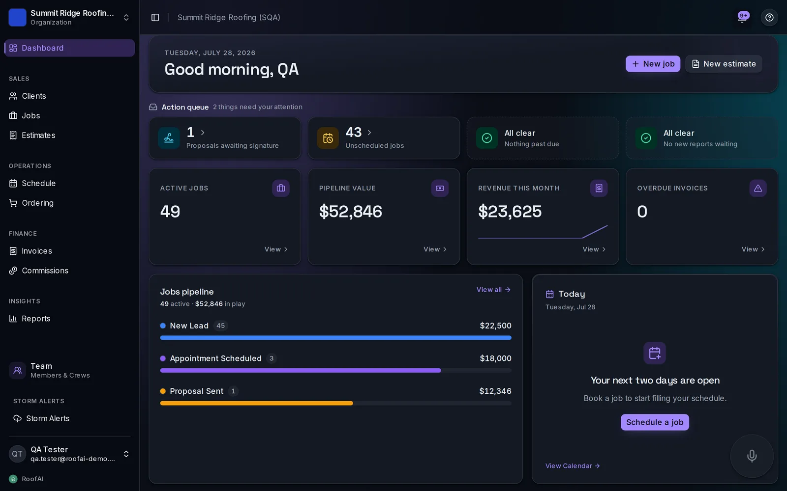 RoofAI dashboard: action queue, active jobs, pipeline value, revenue, and the jobs pipeline for a roofing company