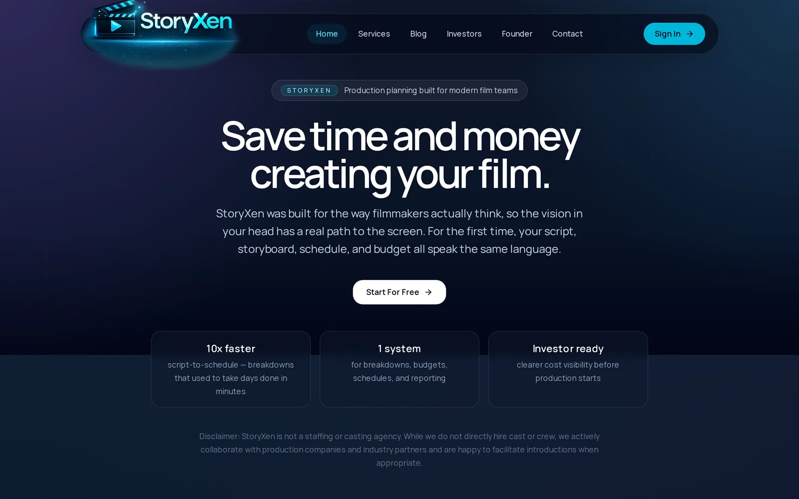 StoryXen landing: save time and money creating your film, with 10x faster breakdowns and investor-ready reporting