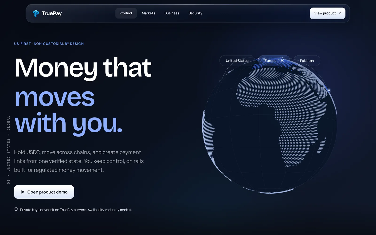TruePay landing page: 'Money that moves with you' beside a dotted globe of supported markets