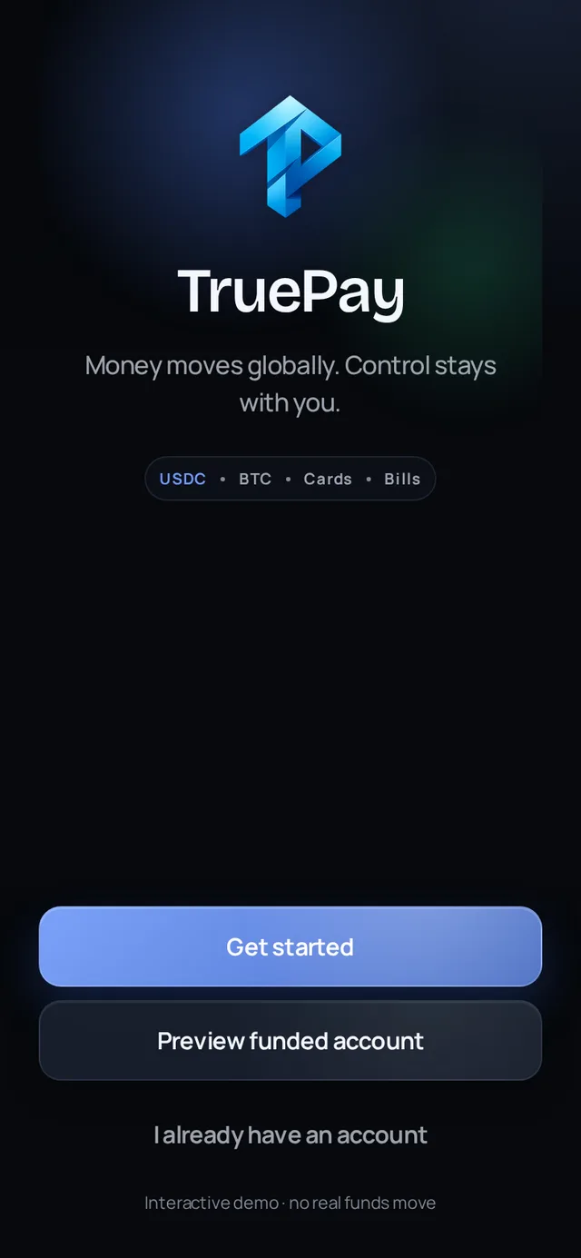 TruePay mobile onboarding with USDC, BTC, cards, and bills