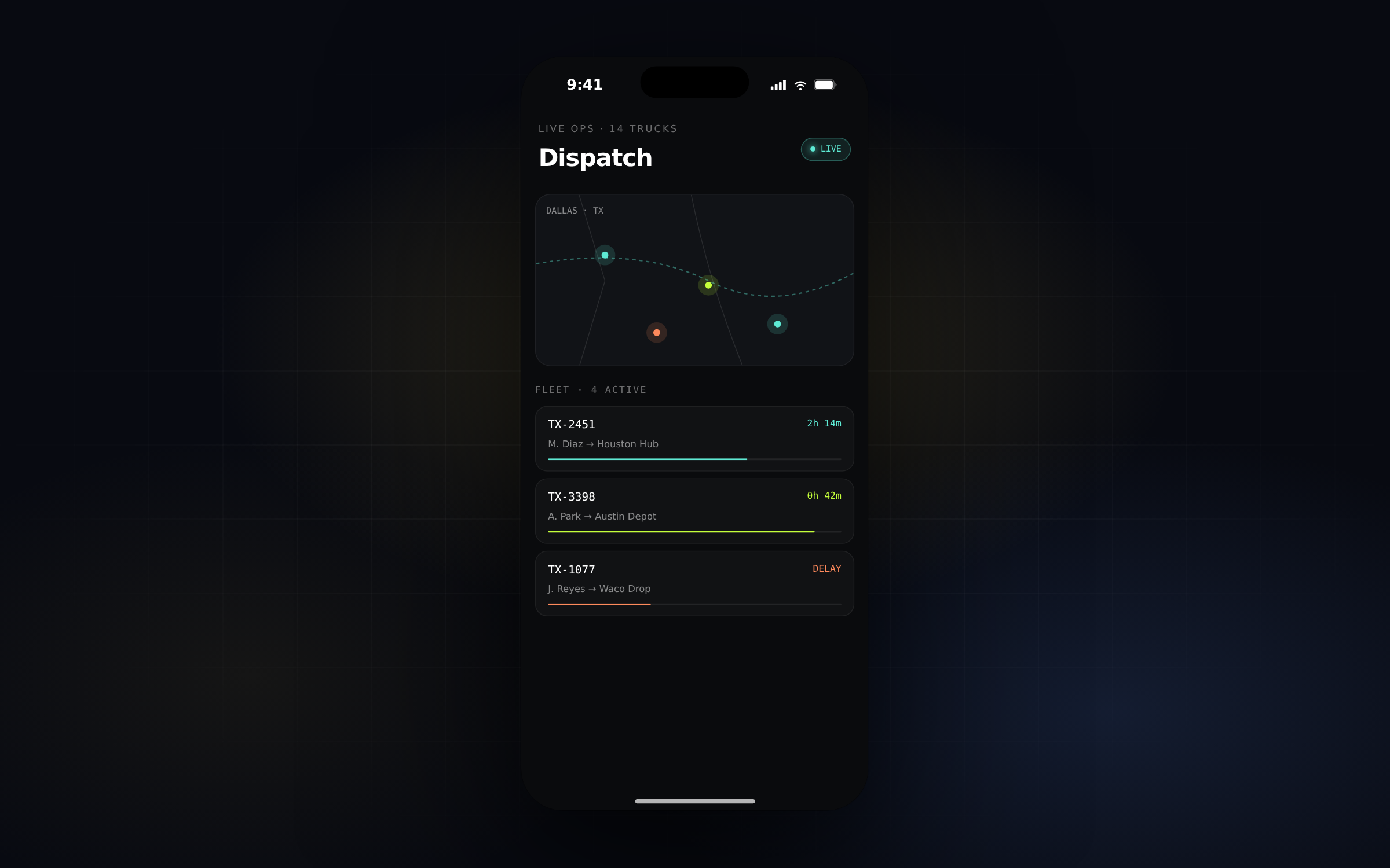 Drift Dispatch, an iOS fleet logistics app with a live map
